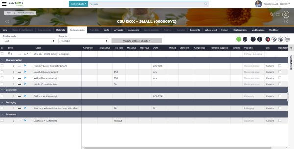 Lascom's packaging information and specification management features